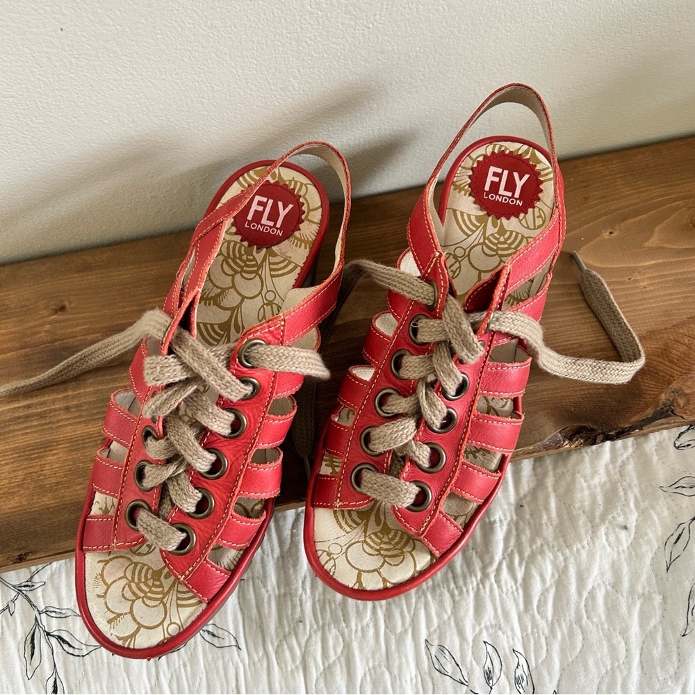Red Fly London Lace-Up Sandals with Cut-Out Design - Picture 2 of 7